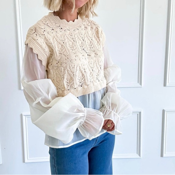Sunday Up Sweaters - Ava Solid Long Sleeve Crochet Sweater In Beige, brand new without tags